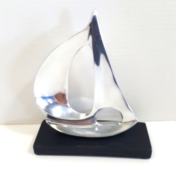 Sail Boat Spinnaker Silver Metal Aluminum Sculpture on Wood Stand - 8 in. tall - Picture 2 of 8